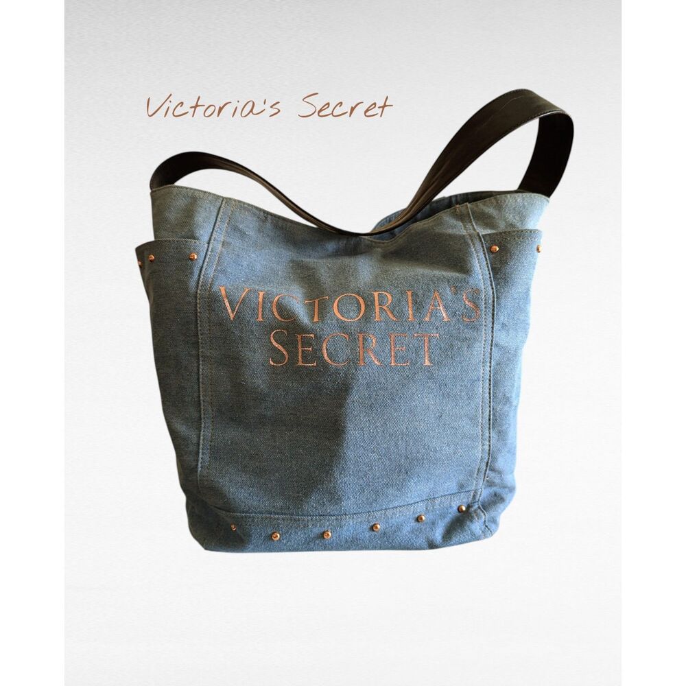 Victoria's Secret Denim Tote Bag Rose Gold Studded Logo Weekender Y2K